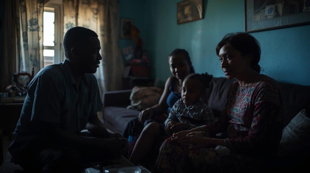 A candid photo of a family sitting together in a living room, not posed for the camera, but in quiet, supportive conversation.