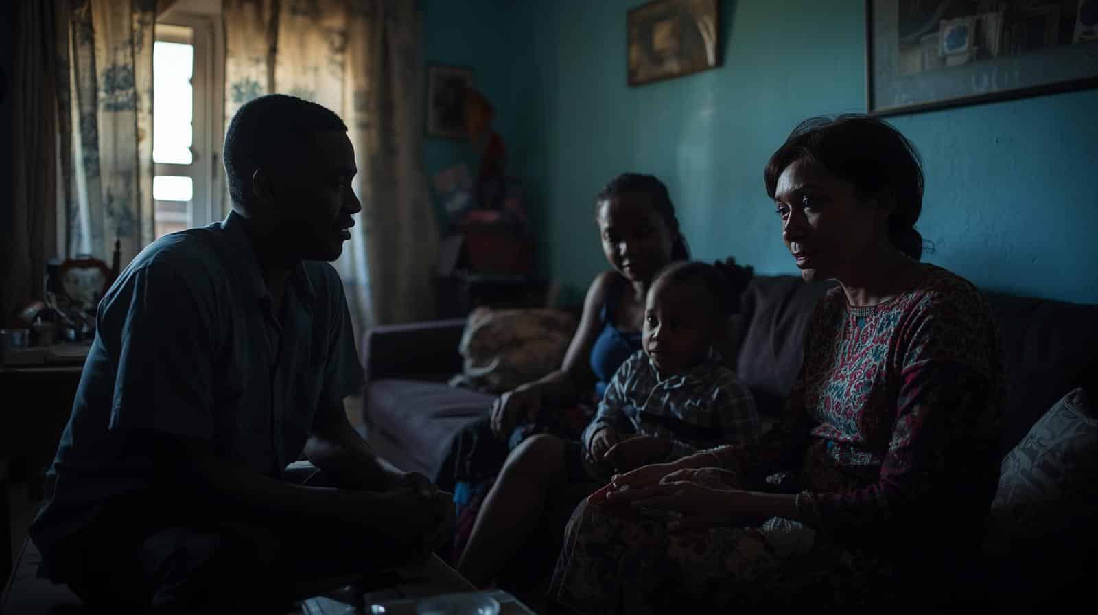 A candid photo of a family sitting together in a living room, not posed for the camera, but in quiet, supportive conversation.