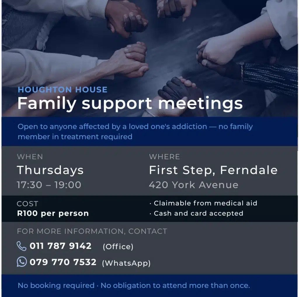 A poster providing the details of Houghton House's weekly family support group meetings.