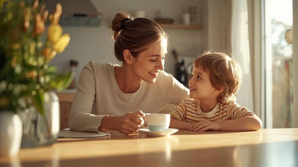 A warm, candid-style photograph of a parent and young child sharing a relaxed morning together at a bright kitchen table. The parent looks rested, engaged, and genuinely present. Soft natural light, a cup of tea or coffee visible, no alcohol. The mood is calm, connected, and hopeful.