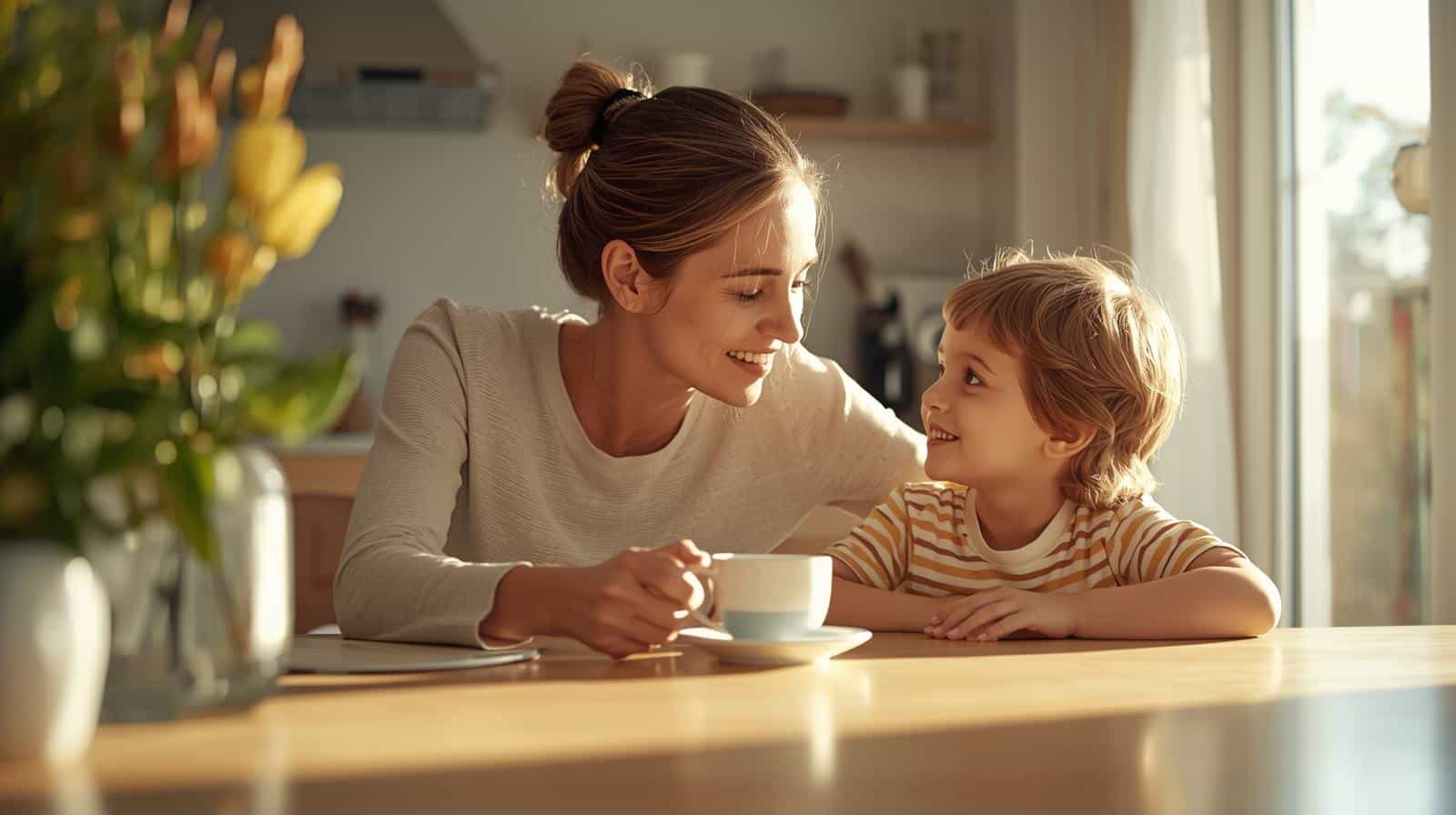 A warm, candid-style photograph of a parent and young child sharing a relaxed morning together at a bright kitchen table. The parent looks rested, engaged, and genuinely present. Soft natural light, a cup of tea or coffee visible, no alcohol. The mood is calm, connected, and hopeful.