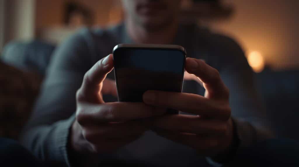A close-up of a person's hands holding a smartphone, with a blurred background suggesting a domestic setting. The mood is quiet and introspective.
