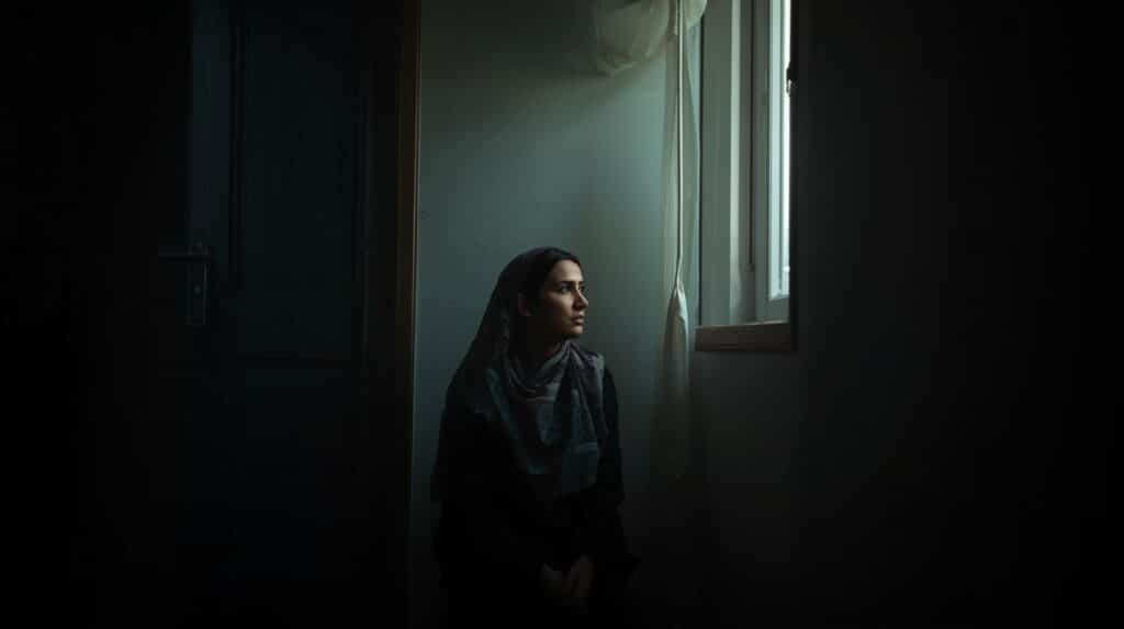 A person sits alone in a dark room, looking out of a window. The mood is quiet and reflective, neither hopeless nor resolved.