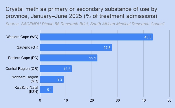 A chart shows crystal meth (tik) addiction treatment admission statistics by province in South Africa for January to June 2025.