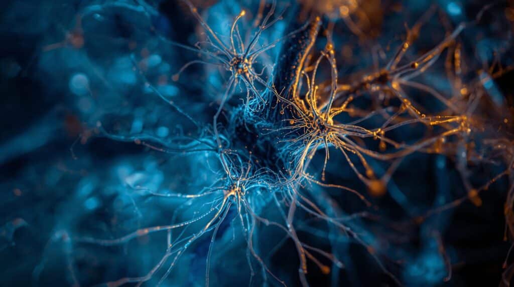 Abstract macro photography of neural network or synaptic connections, deep blue and gold tones, softly lit, scientific but visually striking.