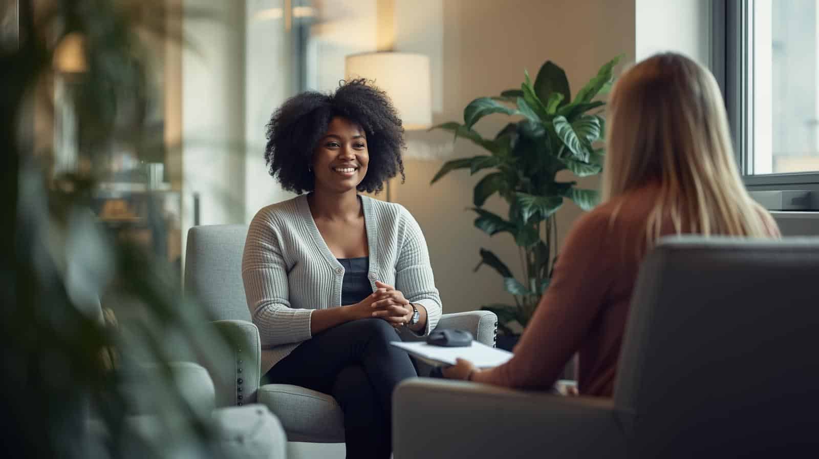 A professional, warmly lit office environment. A person sits across from a counsellor or HR professional in a calm, private setting. The mood is supportive and confidential.