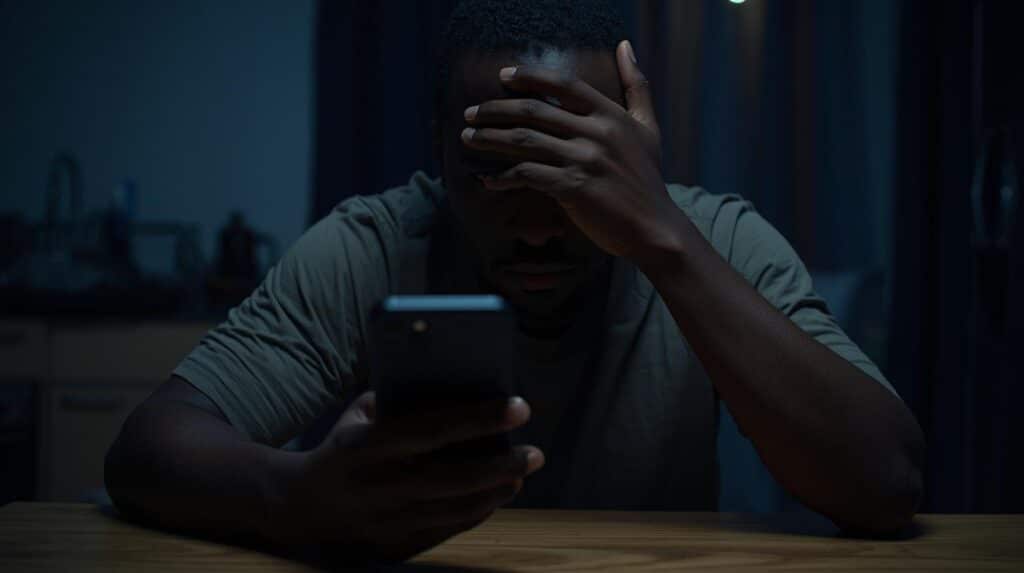 A cinematic, close-up shot of an African American man sitting alone at a dimly lit kitchen table late at night. He holds a smartphone in one hand, while the other hand partially covers his face, obscuring his expression.