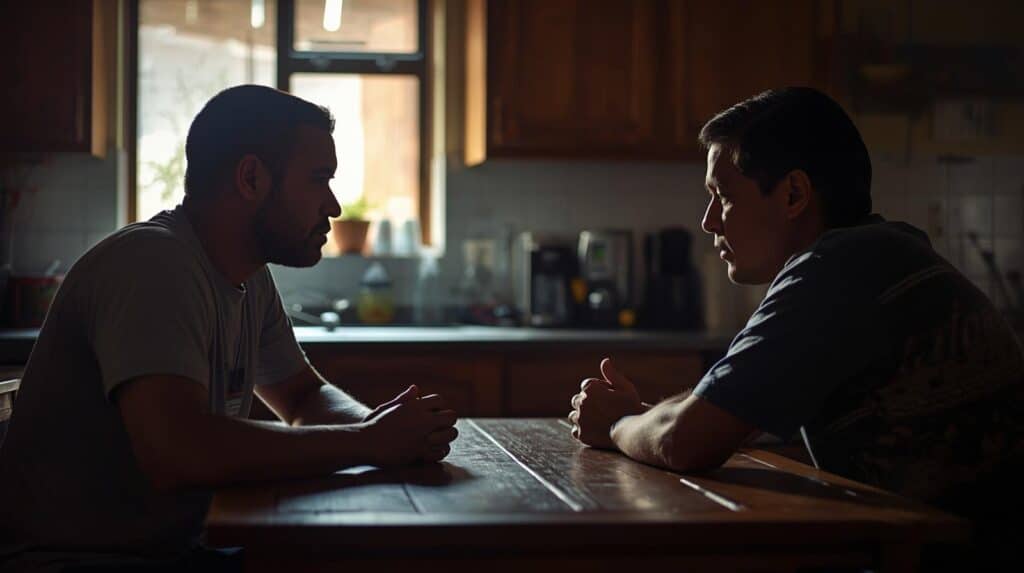 A candid photo of people presenting as male sitting across from each other at a kitchen table in quiet, serious conversation.