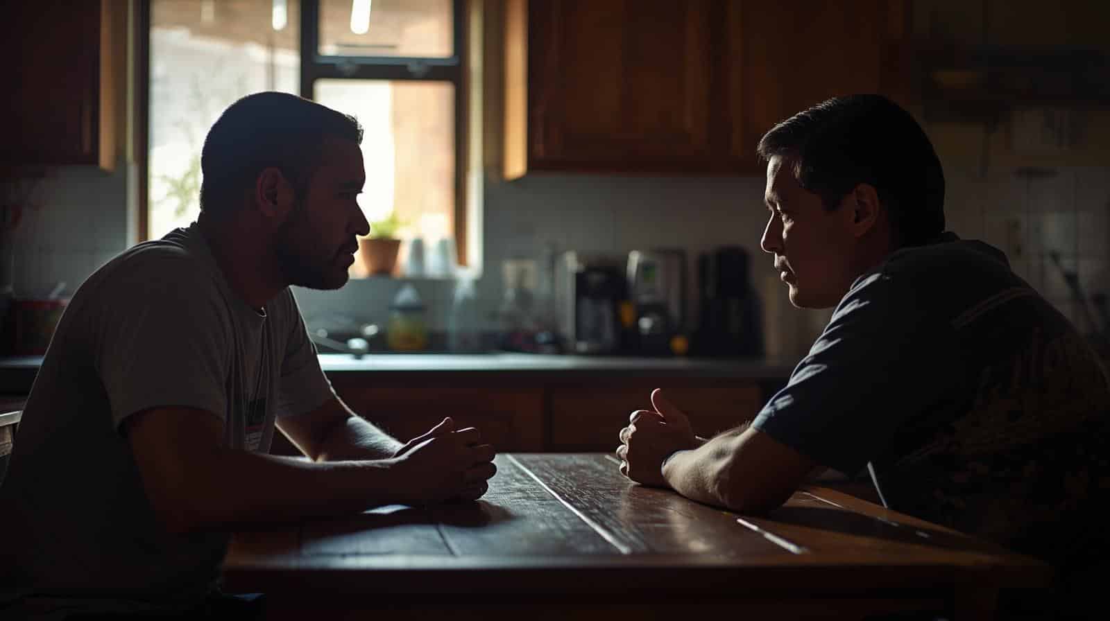 A candid photo of people presenting as male sitting across from each other at a kitchen table in quiet, serious conversation.
