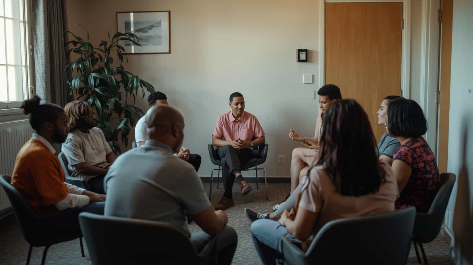 A clean, clinical yet warm environment inside a private treatment facility. A small, mixed group of people sits in a circle during a therapy session, with a professional facilitator.