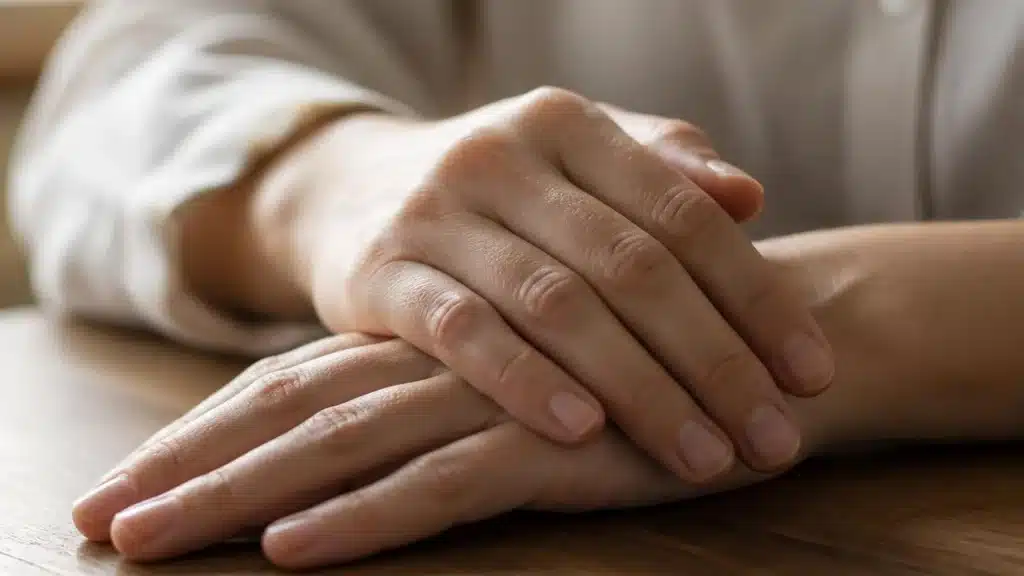 Close-up of hands resting on a wooden table, symbolizing comfort and relaxation. 
