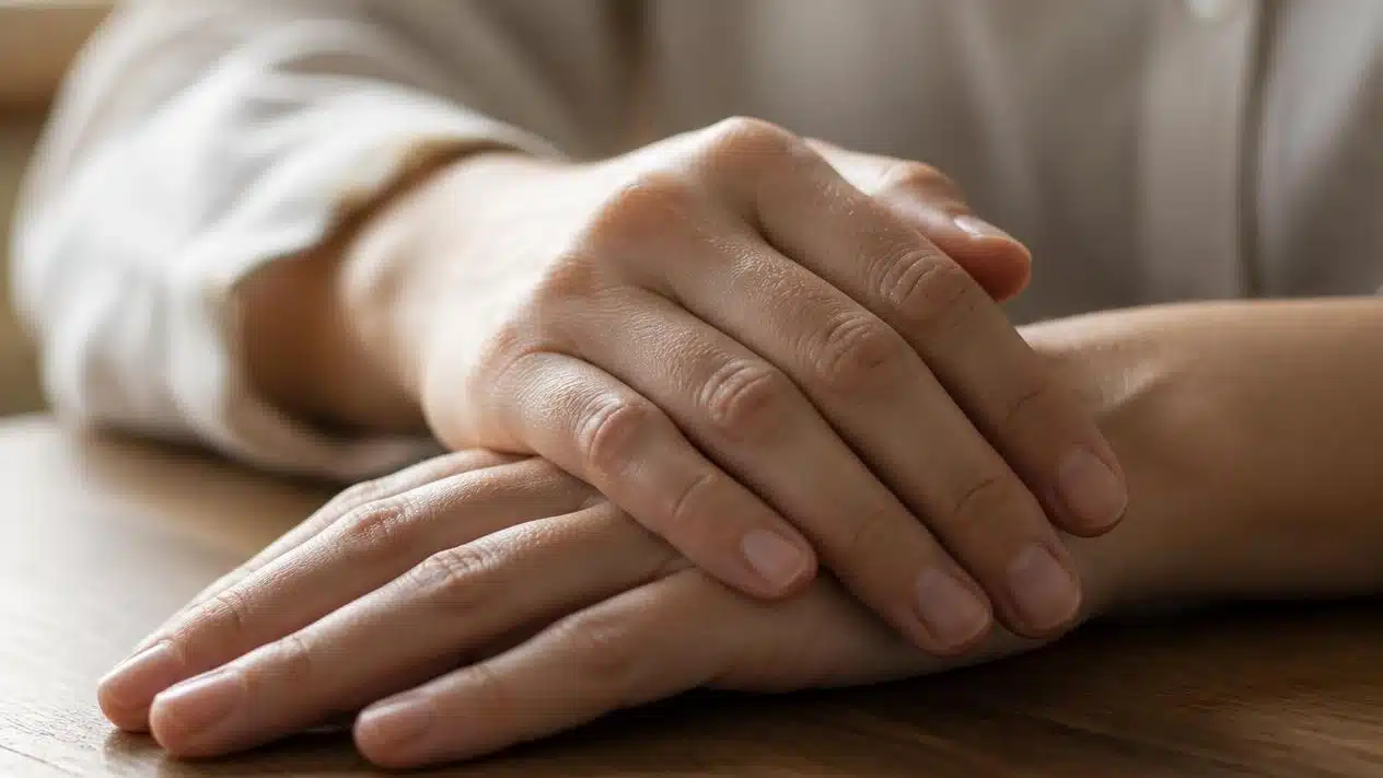 Close-up of hands resting on a wooden table, symbolizing comfort and relaxation.