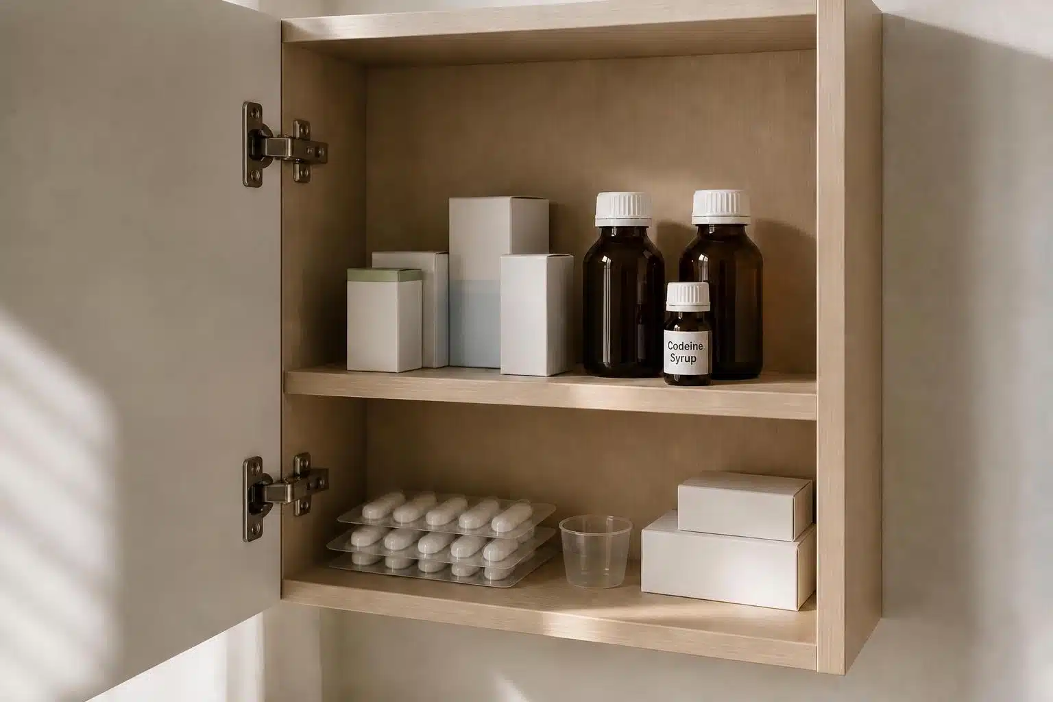 Medicine cabinet with bottles, boxes, and blister packs neatly arranged on shelves.