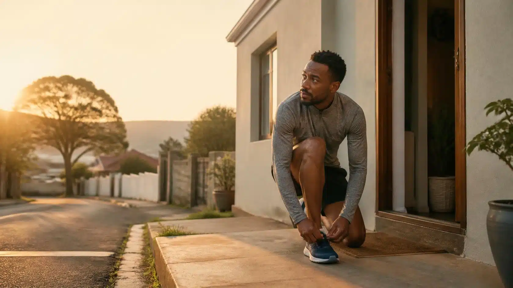 Man tying shoelaces before morning run, vibrant sunrise background