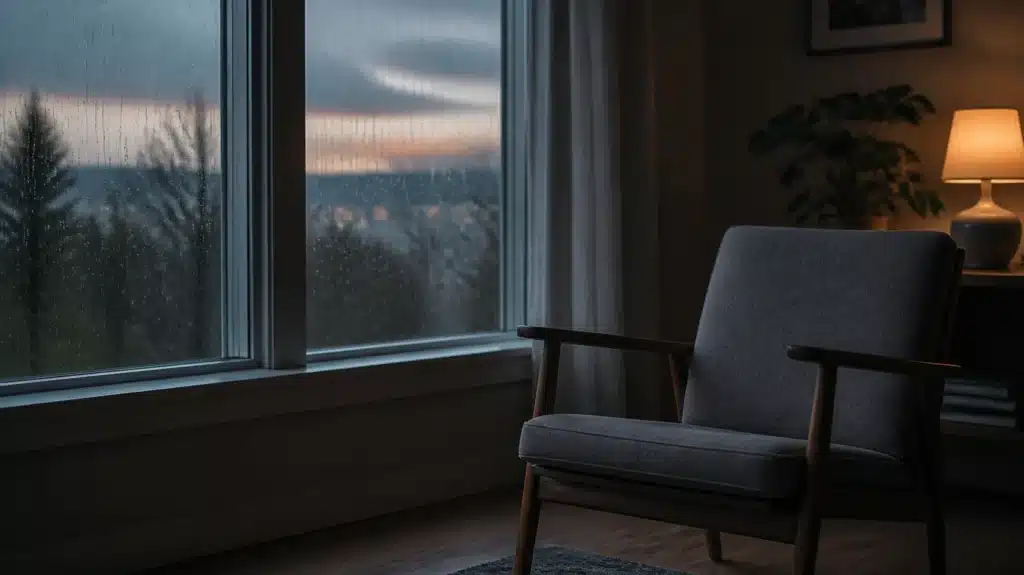 Cozy room with a modern chair, warm lamp, and rainy window view at dusk.