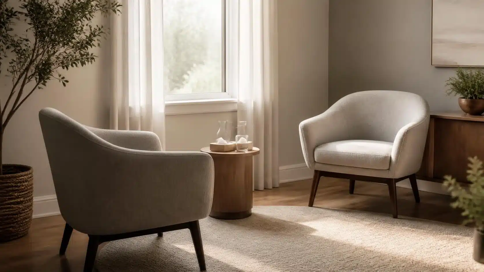 Cozy therapy room with two soft armchairs, wooden table, and potted plant by a bright window.