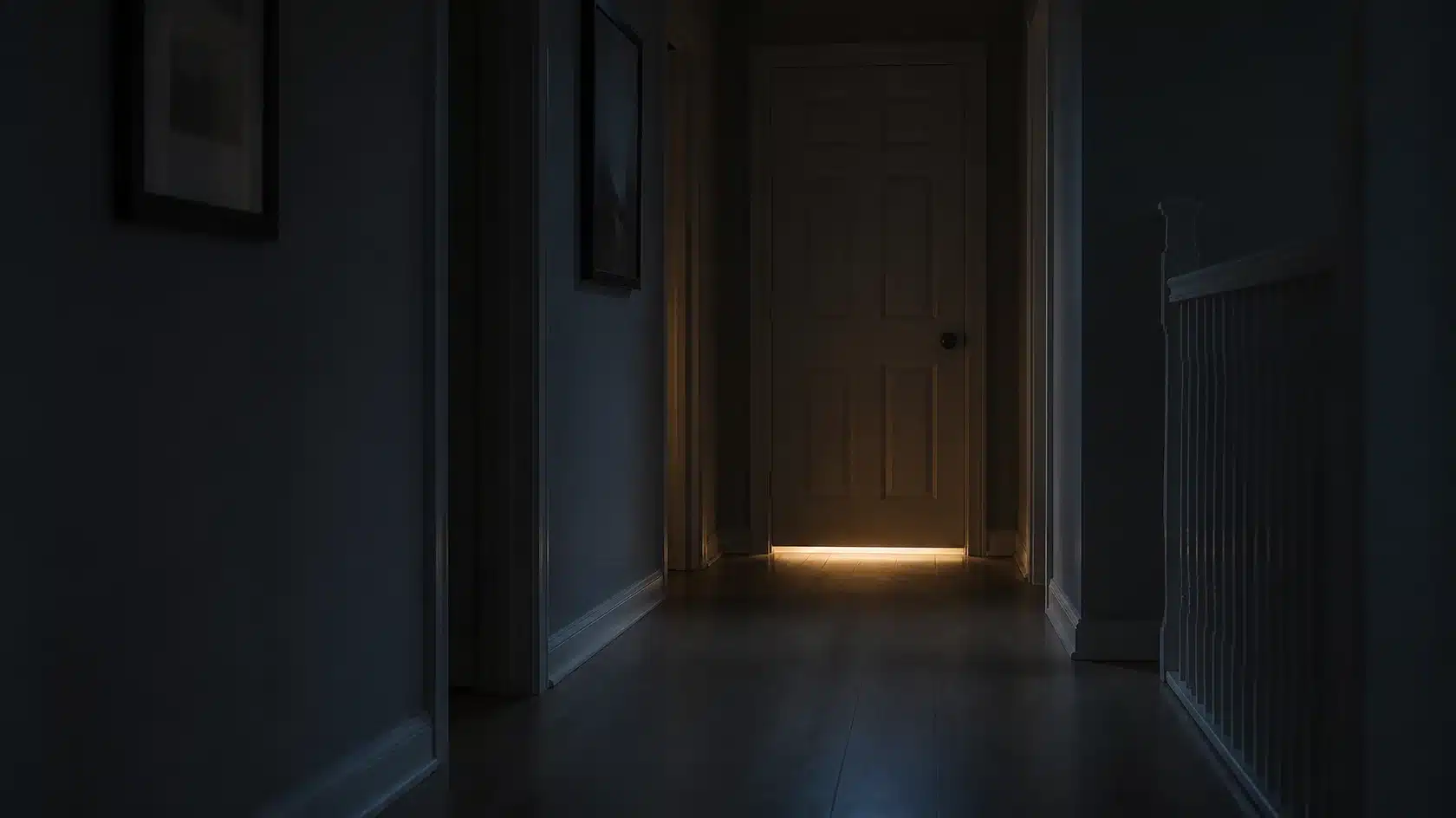Dimly lit hallway with a closed door and light seeping from underneath, creating a mysterious ambiance.